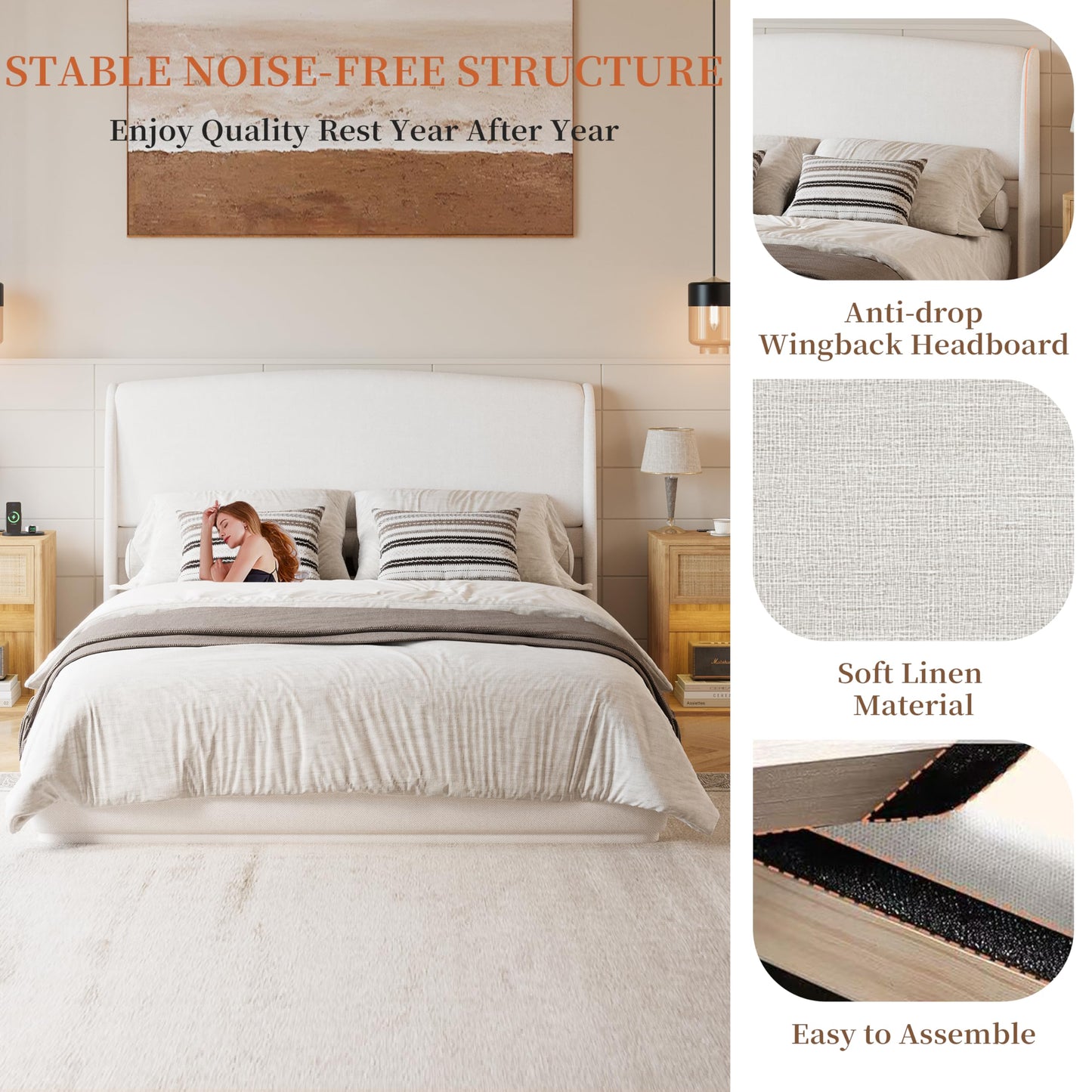 Merax Queen Bed Frame with Wingback Headboard, Low Profile Platform Bed, Linen Fabric, No Box Spring Needed, Wood Slat Support, Easy Assembly, Beige