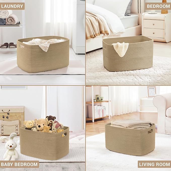 86L Large Wicker Laundry Basket for Living Room Storage,Boho Woven Cotton Rope Baskets for Kids Toy,Gifts,Square Blanket Hamper for Bedroom Dirty Clothes,Jute