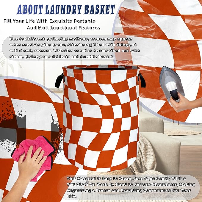 Orange Checkerboard Laundry Hamper Foldable Oxford Cloth Colorful Plaid Laundry Basket With Handle Portable Clothes Storage Organizer Basket 18.9"x16.5" Storage Bag For Laundry Room/Bathroom/Bedroom