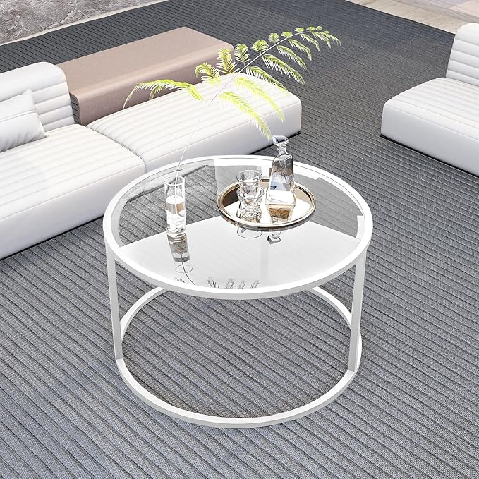 Round Glass Coffee Table for Living Room,Minimalist Modern Center Table with Metal Frame for Small Space,Easy Assembly,27 x 27In, White