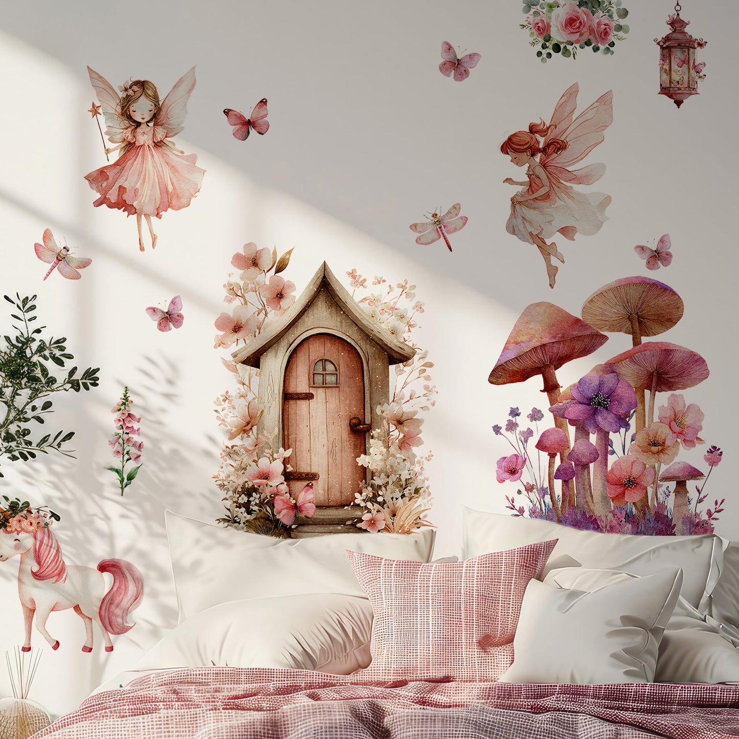 Flower Fairy Wall Decals, Mushroom Butterfly Elf Art Wall Sticker, Peel and Stick Butterfly ＆ Flowers Airy Decor for Kids Girls Room Baby Nursery Bedroom (Mushroom Fairy Wall Decals 251)