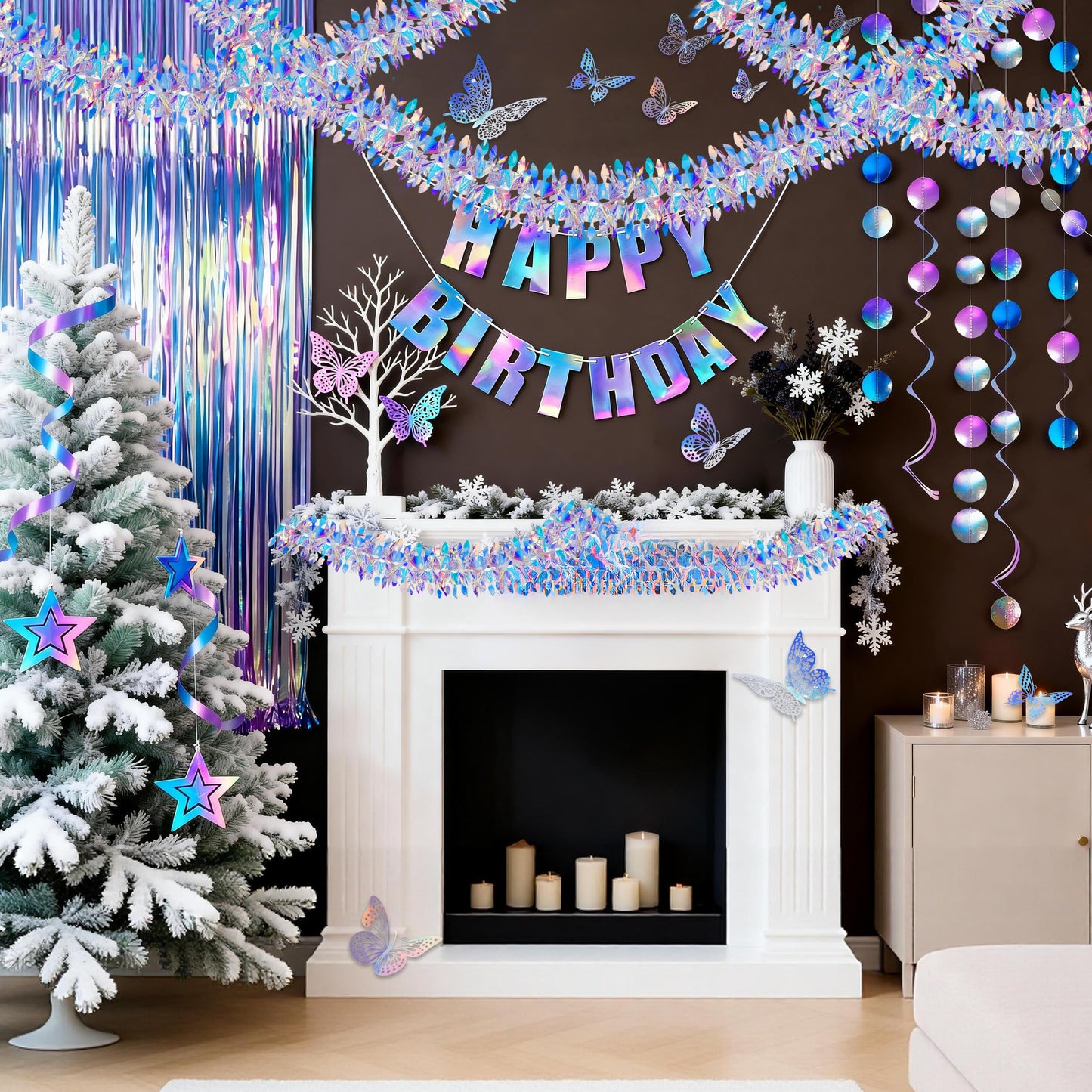 BTSD-home Iridescent Party Decorations, Hanging Honeycomb Balls, Paper Fans & 3D Star Ornaments, Holographic Ceiling Decor for Birthday, Wedding, Baby Shower, Christmas, Disco & Euphoria Theme Parties