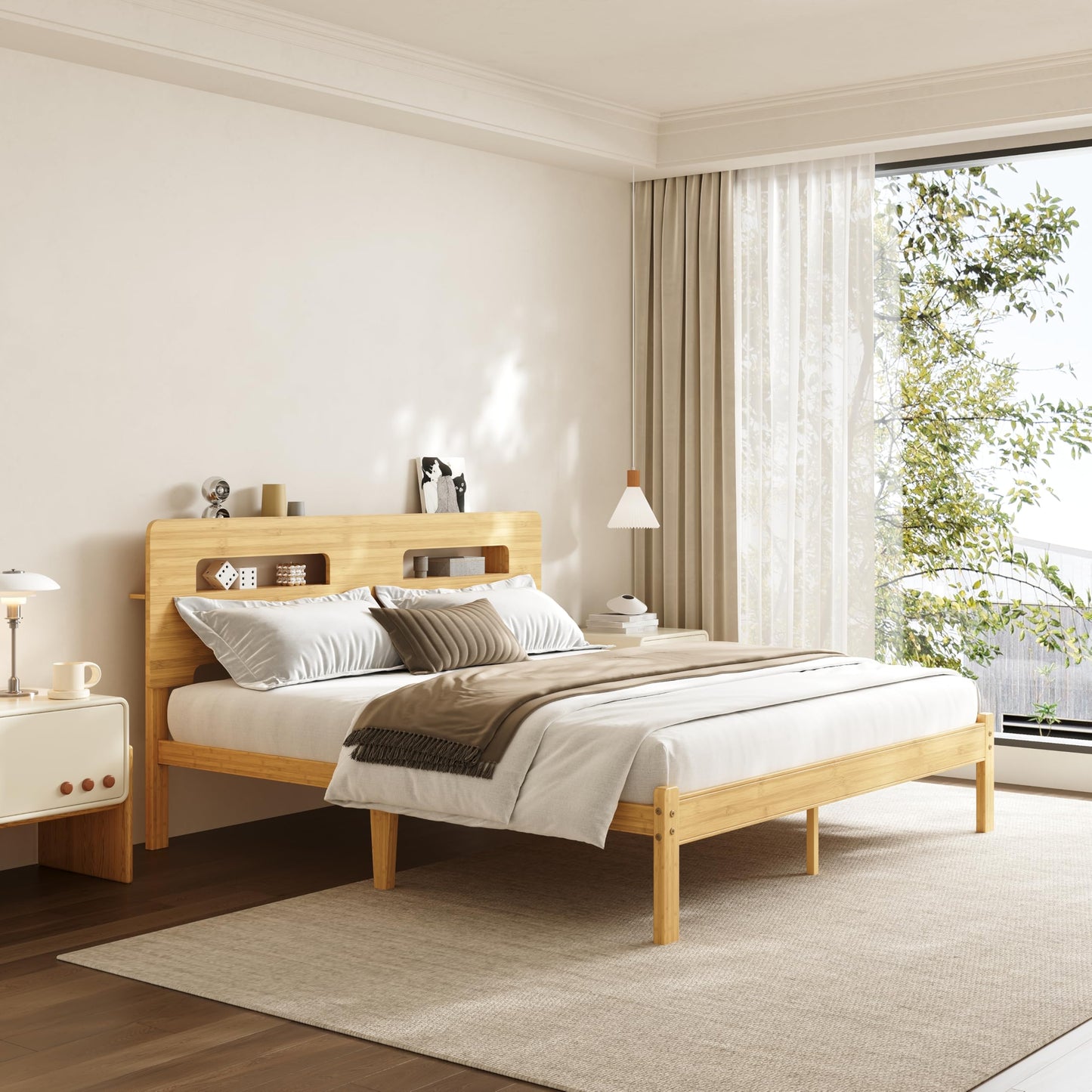 COMASACH Bamboo Wood King Size Bed Frame with Storage Headboard, 14 Inch High Solid King Platform Bed Frame, Metal Slats Support, Heavy Duty, No Box Spring Needed