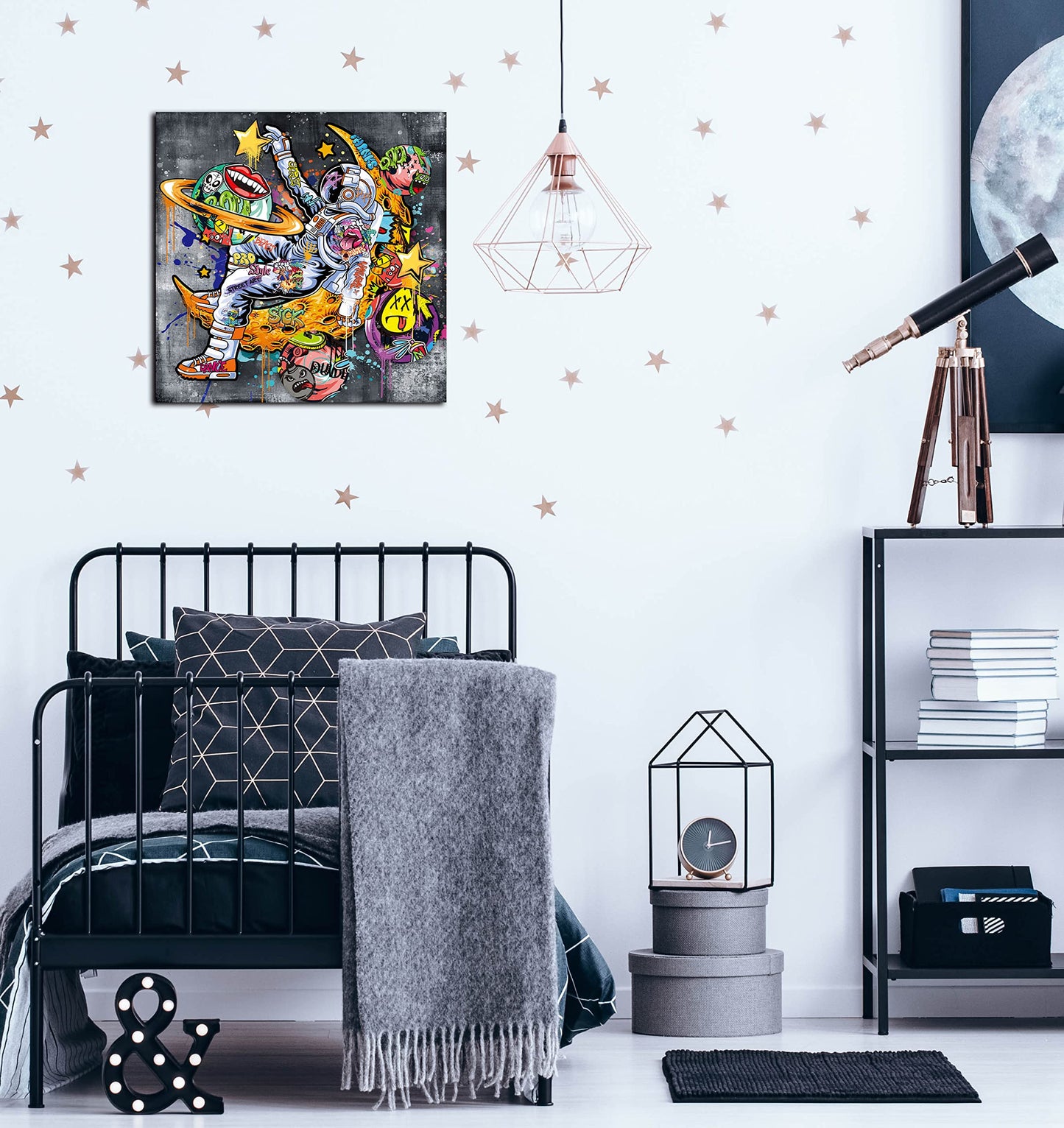 Kepgonegu Funny Wall Art Astronauts Graffiti Canvas Wall Art Outer Space Picture for Bedroom Bathroom Living Room Size 20" W x 20" H