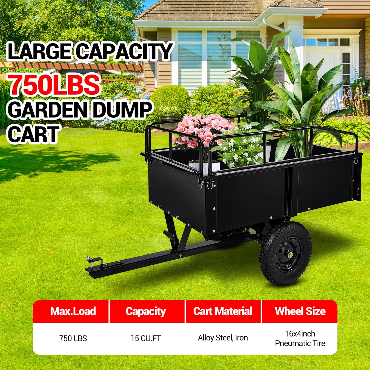 Heavy Duty Utility Dump Cart – 9000 Lbs Capacity, 15 Cu.ft Steel Trailer with Removable Sides, All-Terrain Wheels, Compatible with ATV/UTV/Lawn Tractor, Ideal for Garden, Yard, Hauling