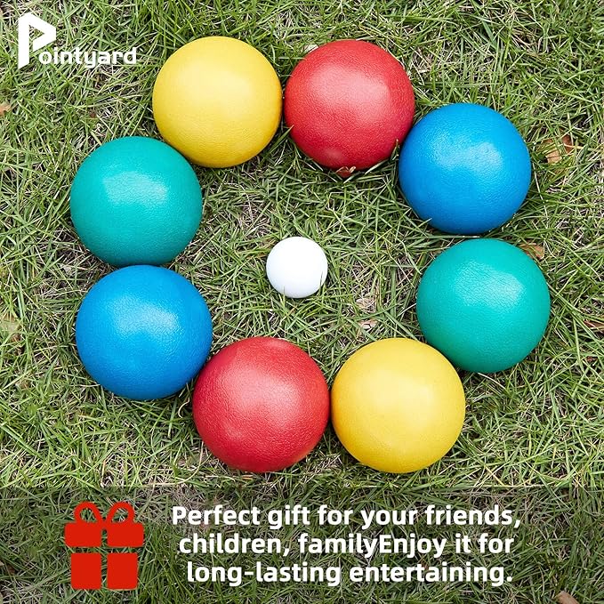 Pointyard 84mm Bocce Ball Set, Outdoor Games for Adults and Family, Backyard Ball Set with 8 PE Bocce Balls & 1 Pallino & Carry Bag & Measuring Tape for Teens Beginners