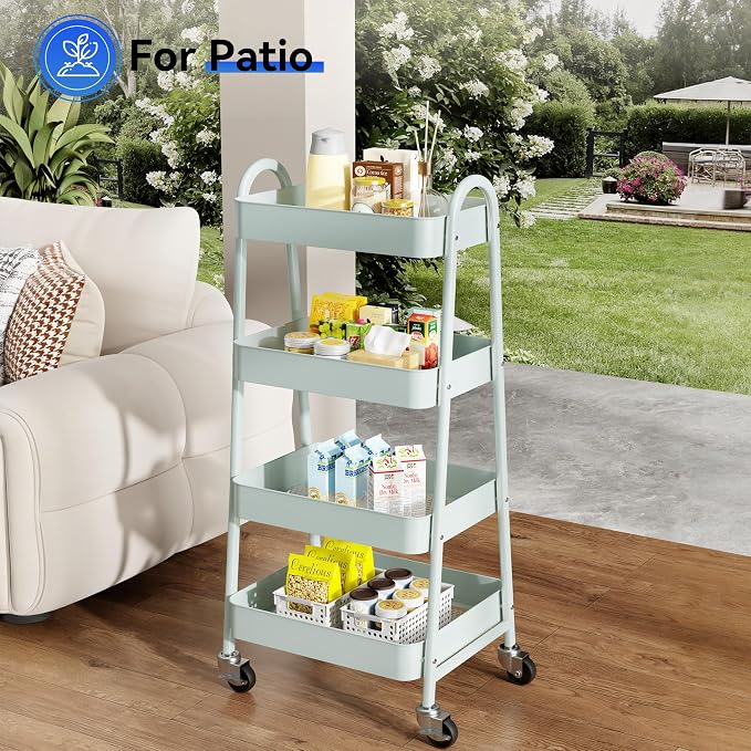 OLIXIS Metal 4 Tiers Utility Rolling Cart, Mobile Storage Shelf with Lockable Caster Wheels, Organization for Livingroom, Bathroom, Kitchen, & Narrow Places, 4-Tier Green