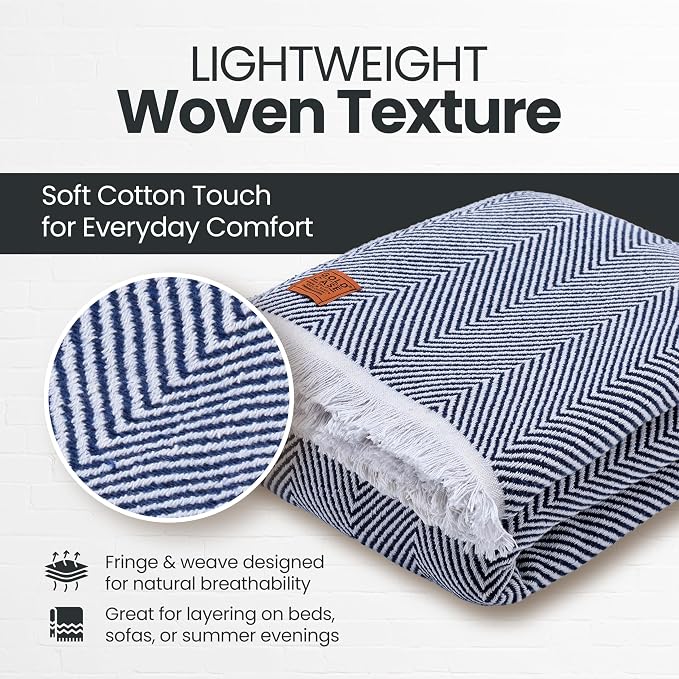 Gold Case Throw Blanket for Bed - 100% Recycled Turkish Cotton Blanket - Elegant Lightweight Soft Throw Blankets for Bed & Living Room - Queen Size Cozy Blankets - 90x90 - Navy Blue