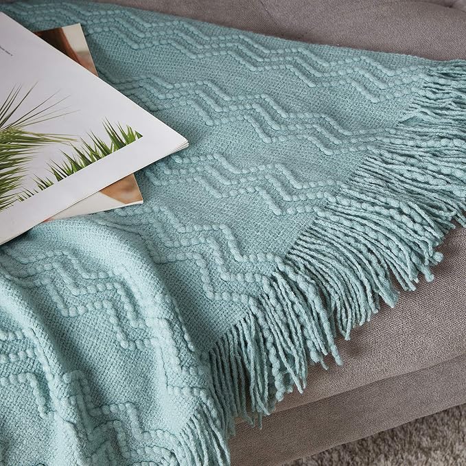 BOURINA Aqua Throw Blanket 60x80 Inches Throw Textured Solid Soft Sofa Throw Couch Knitted Decorative Blanket