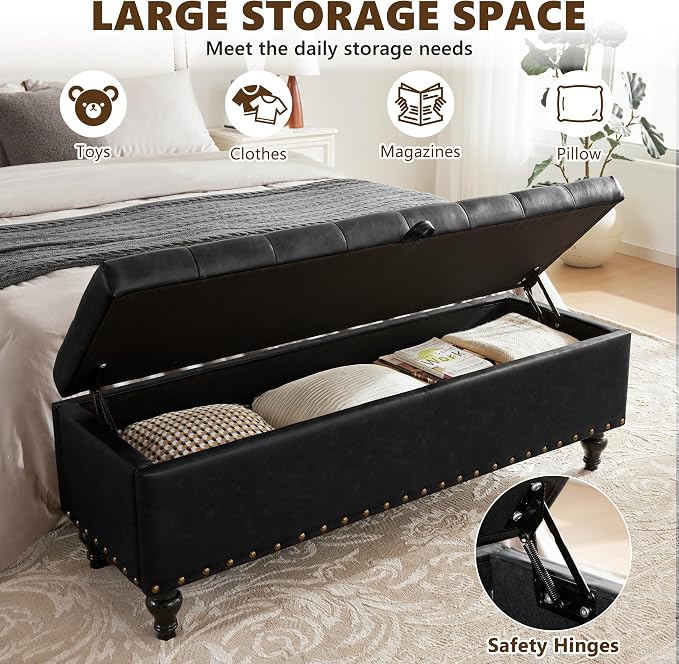 Mangodan 50" Storage Ottoman Bench, Tufted Ottoman with Storage for Living Room, Large End of Bed Ottomans, Modern Entryway Benchs, Window & Bedroom Benches for Foot of Bed (Black)