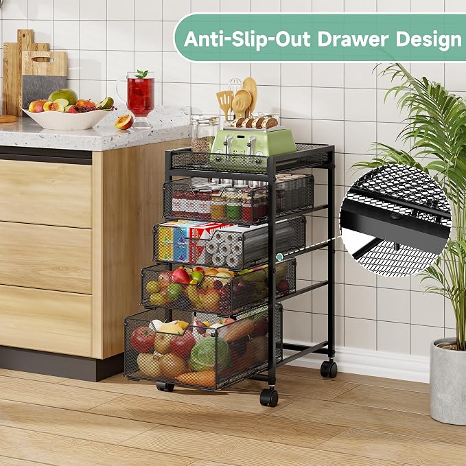keomaisyto 5-Tier Kitchen Storage Cart with Top Basket & Drawers, Fruit and Vegetable Storage Rack on Wheels, Metal Rolling Cart with Drawers & Kitchen Organization for Snacks, Potatoes, Onions, Cans