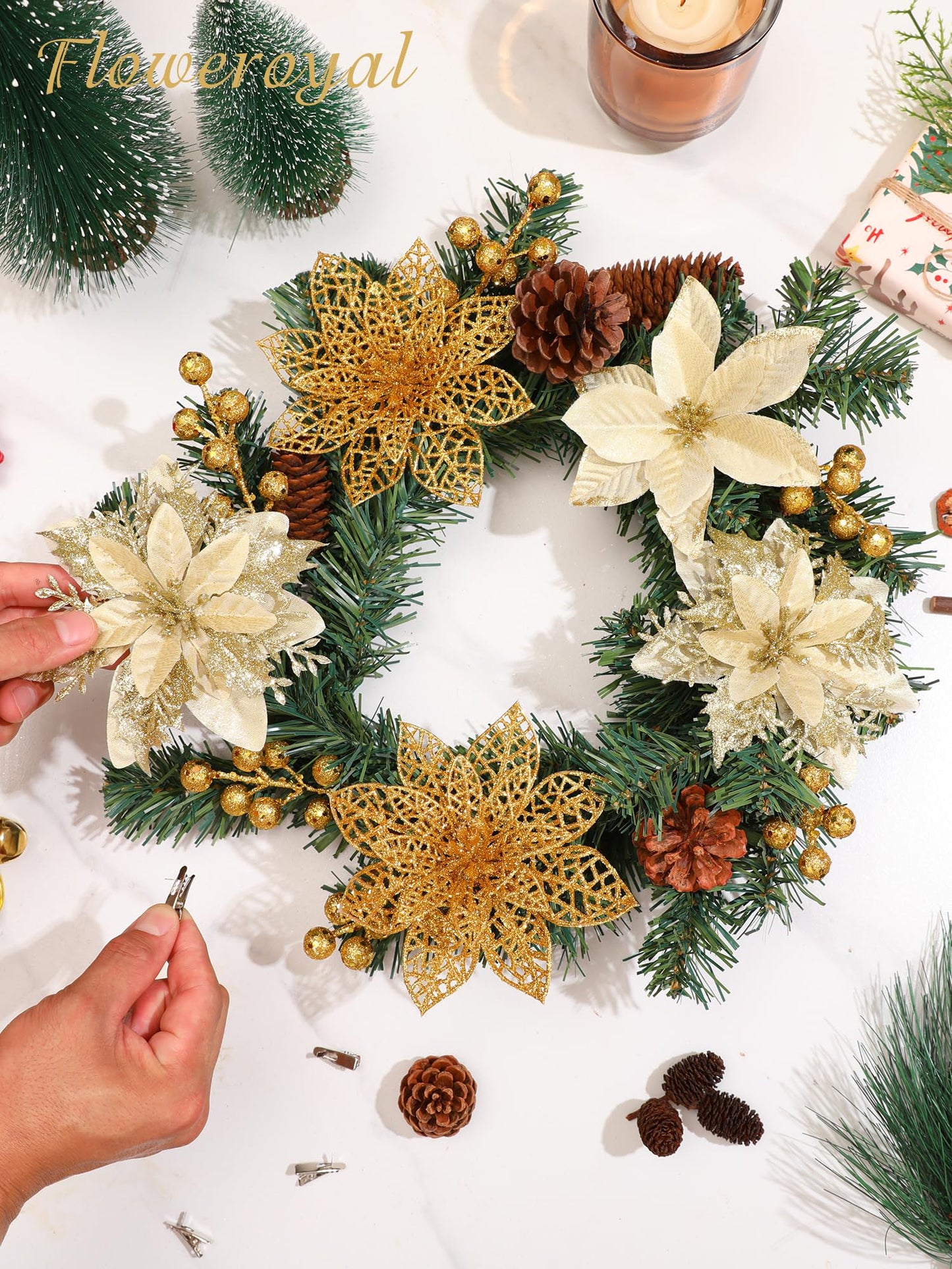 Floweroyal 30pcs Poinsettia Artificial Christmas Flowers Decorations with Clips and Berry Stems Glitter Ornaments for Christmas Tree Wreath Fireplace Stairs Decor (Gold-3 Styles)