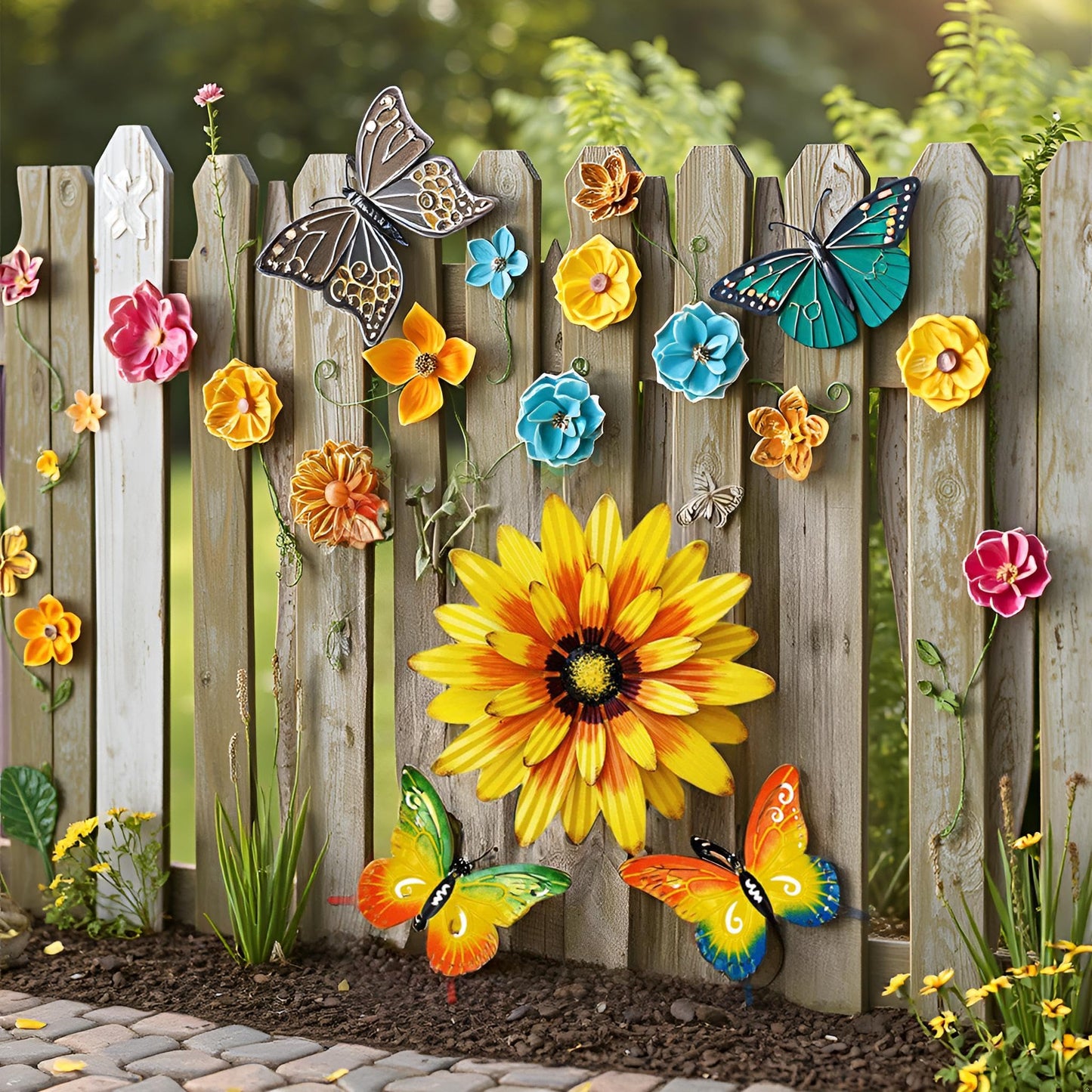 Meduofon Metal Flowers Wall Decor and Butterfly Wall Art, 3 Pack Metal Outdoor Wall Art Decor, Fence Art Wall Sculptures for Indoor Outside Garden Patio Decorations (Yellow&Green)