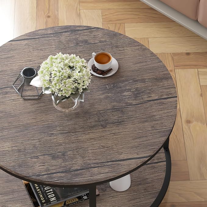 NSdirect Round Coffee Table, 27.5" Small Coffee Table for Living Room,2-Tier Rustic Wood Desktop with Storage Shelf Modern Design Home Furniture(Light Walnut)