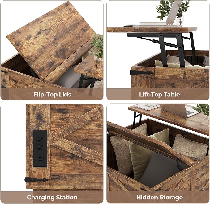 Jocoevol Farmhouse Lift Top Coffee Table, Square Wood Center Table with LED Lighting, USB-C Charging Station, and Hidden Storage Compartment - Rustic Brown Living Room Furniture