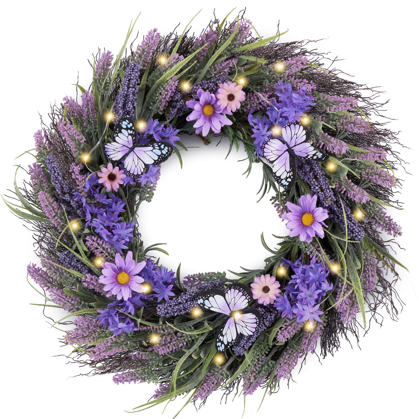 Valery Madelyn Spring Lavender Wreaths for Front Door, Artificial Floral Summer Wreath with Lights Purple Bellflower Berries Butterfly for Home Outside Wedding Porch Window Arch Decor-24''