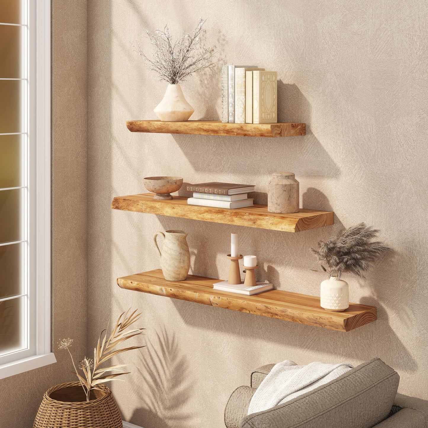 Realgulf Floating Shelves Set of 2, Solid Elm Wood Wall Shelves 24 Inch - Invisible Bracket Mount for Living Room, Bedroom, Kitchen, Bathroom - Natural