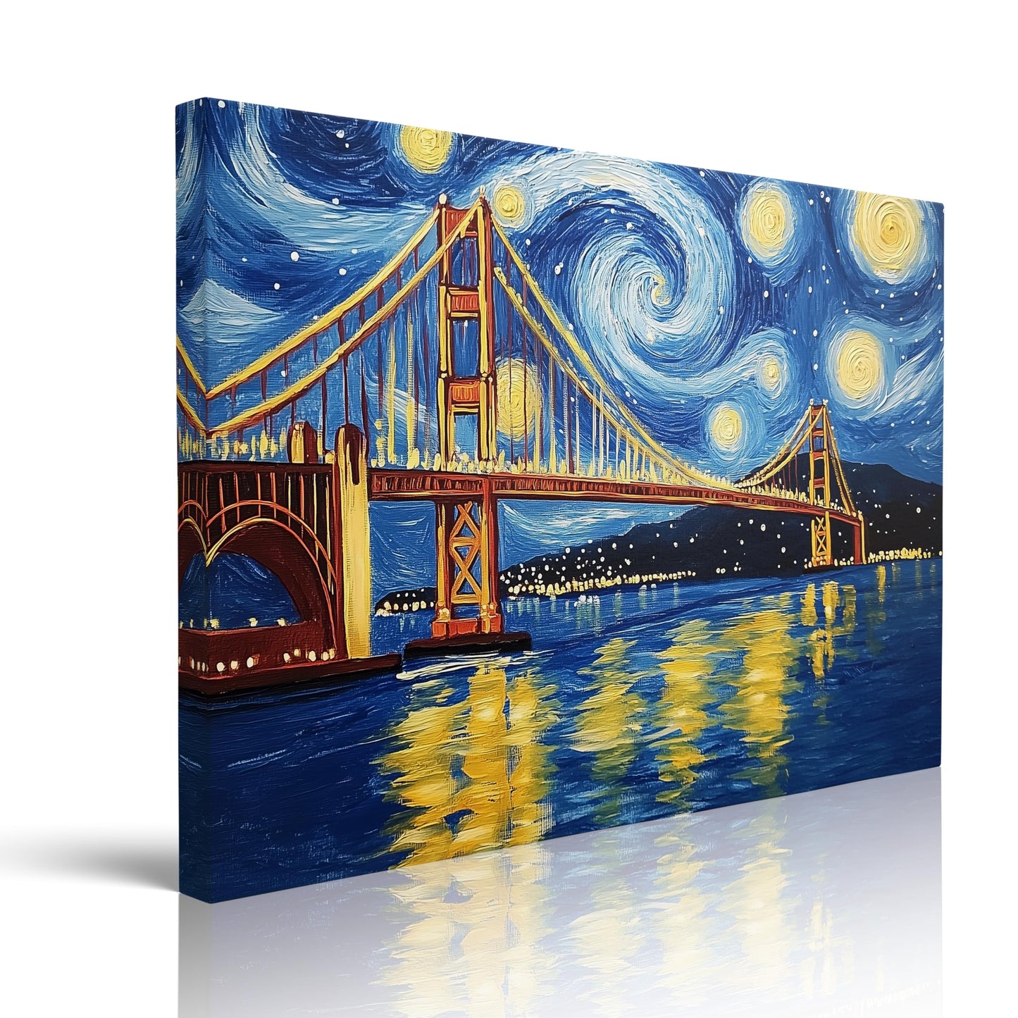 Van Gogh Starry Night Golden Gate Bridge Painting Canvas Wall Art Framed Print Ready to Hang Famous Art San Francisco Cityscape Decor Vibrant Blue Yellow Swirl Sky Artwork for Living Room 12x16 Inches