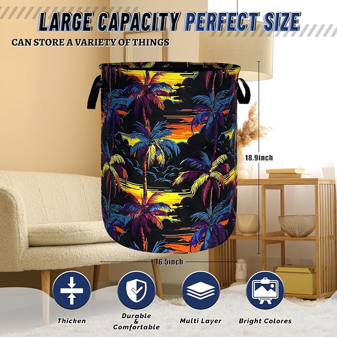 Colorful Palm Tree Laundry Basket Foldable Oxford Cloth Hawaii Laundry Hamper With Handle Portable Clothes Storage Organizer Basket 18.9"x16.5" Storage Bag For Laundry Room/Bathroom/Bedroom