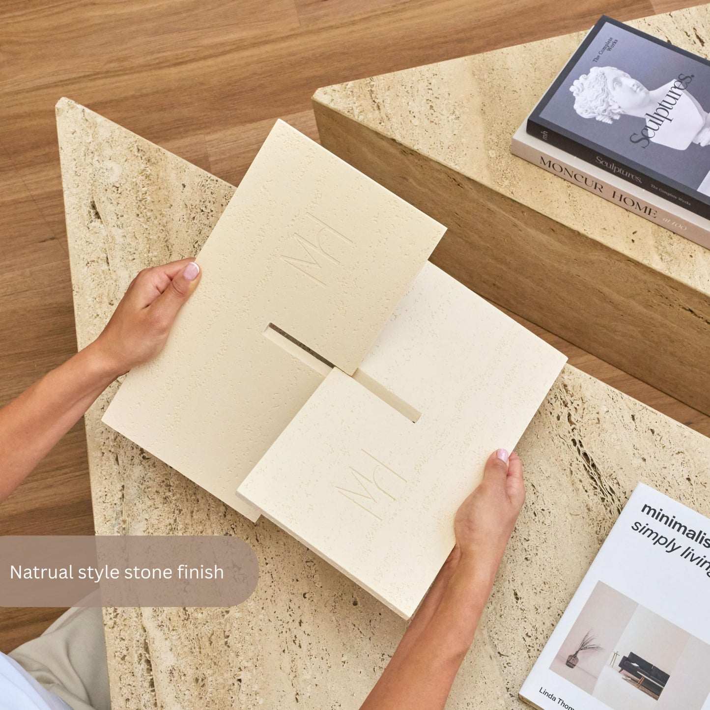 Moncur Home Faux Travertine Stone Finish Resin Book Holder for Recipe Book Display Stand, Coffee Table Books, 2 Pieces Slot Together, Neutral Beige Coffee Table Decor for Large Books