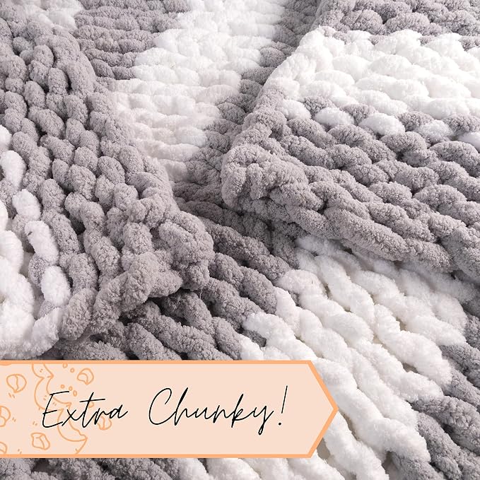 Adyrescia Chunky Knit Blanket Throw | 100% Hand Knit with Jumbo Chenille Yarn (50"x60", Gray and White Stripes)