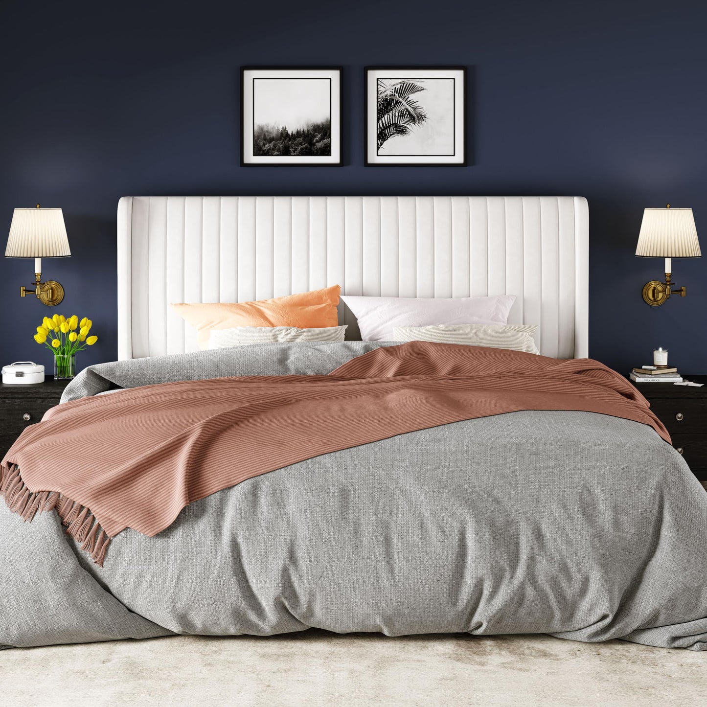 Allewie King Size Velvet Bed Frame/Vertical Channel Tufted Wingback Headboard/Upholstered Platform Bed/No Box Spring Needed/Strong Wooden Slats/Easy Assembly/White