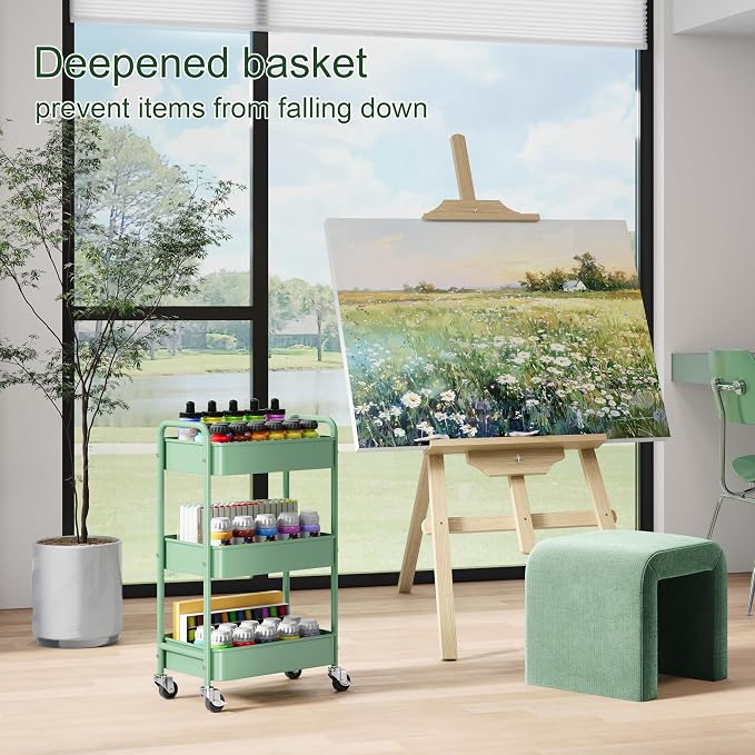 3 Tier Rolling Storage Cart Metal with Wheels, Green Baby Diaper Caddy Carts, Three Tiered Craft Cart Organizer on Wheels, Utility Roller Trolley for Art, Book, Snack, Office, Laundry, Bathroom Shelf
