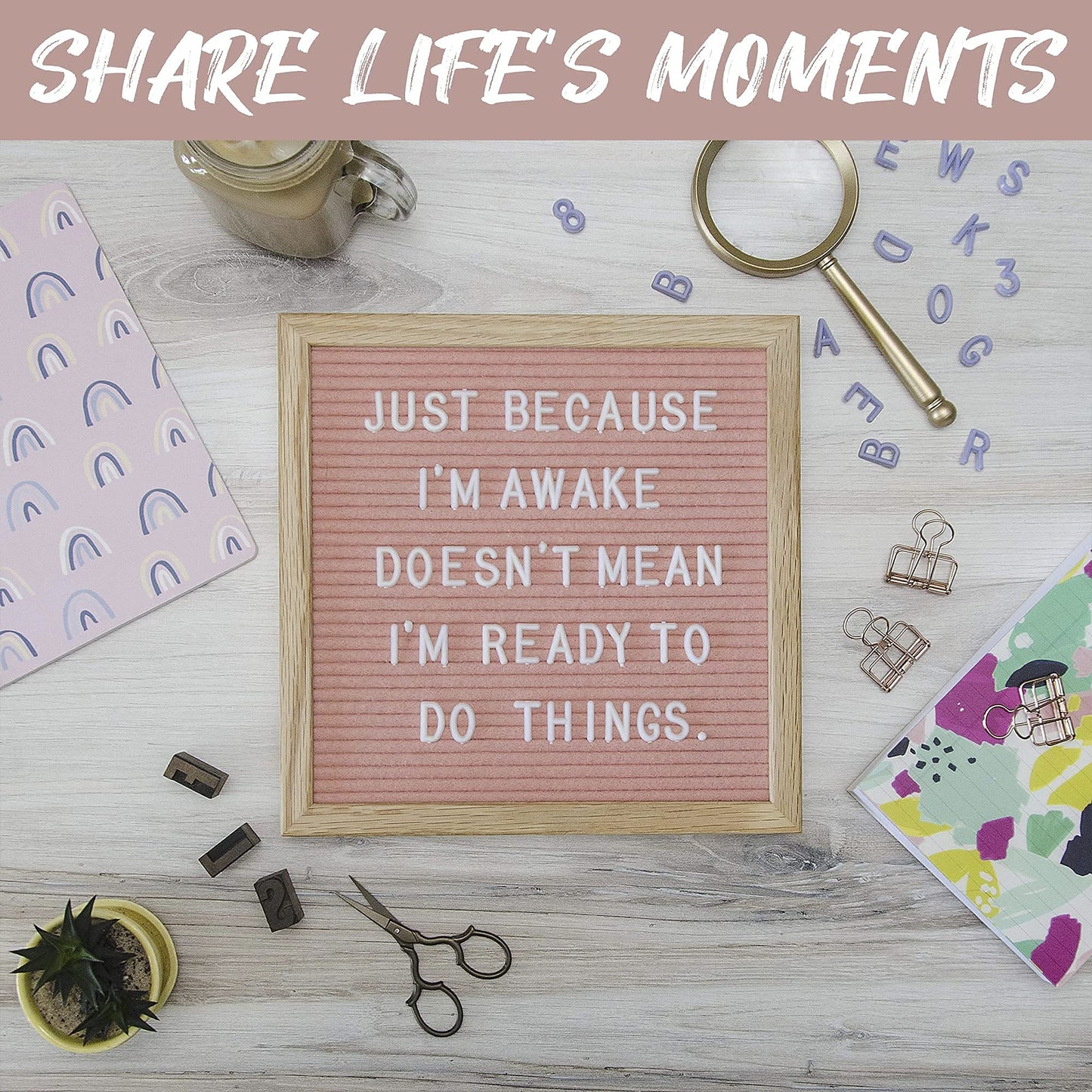 Felt Like Sharing Square Letter Board (Light Pink Felt - 10”x10”) – Changeable Message Board with 3 Sets of Felt Board Letters for Home, Office, & Aesthetic Room Decor – Wall Letterboard Signs In Oak Frame