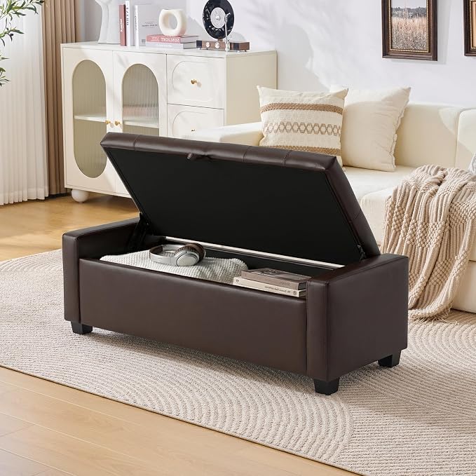 Huatean Home 48" Ottoman with Storage, Storage Ottoman Bench with Safety Hinge, Upholstered Entryway Bench with Seating for Bedroom, Living Room, Holds up to 330 lb, Dark Brown