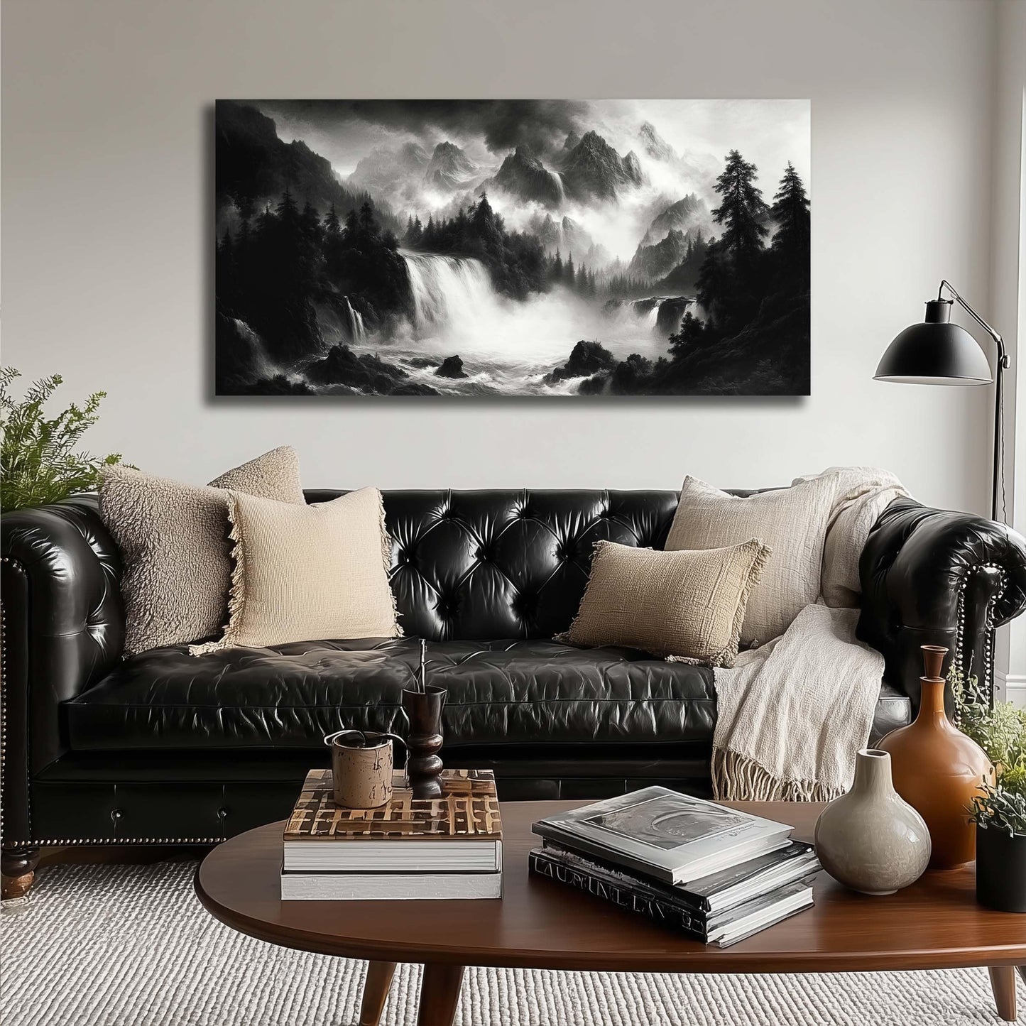 CPKATMT Waterfall Wall Art for Bedroom Black and White Tree Wall Decor for Office Natural Landscape Wall Pictures for Living Room 24 x 48 Inch