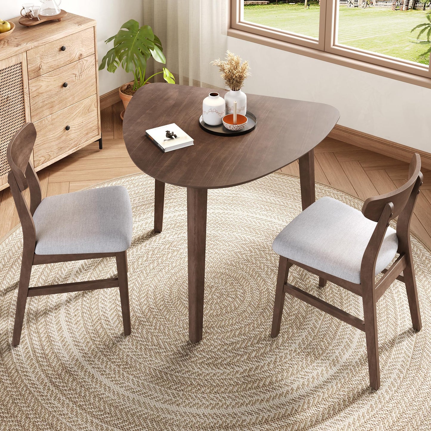 Merax 3-Piece Modern Dining Set, Triangular Side Table & 2 Curved Wood Chairs, Minimalist Space-Saver for Small Living Room, Kitchen, Easy Assembly, Brown