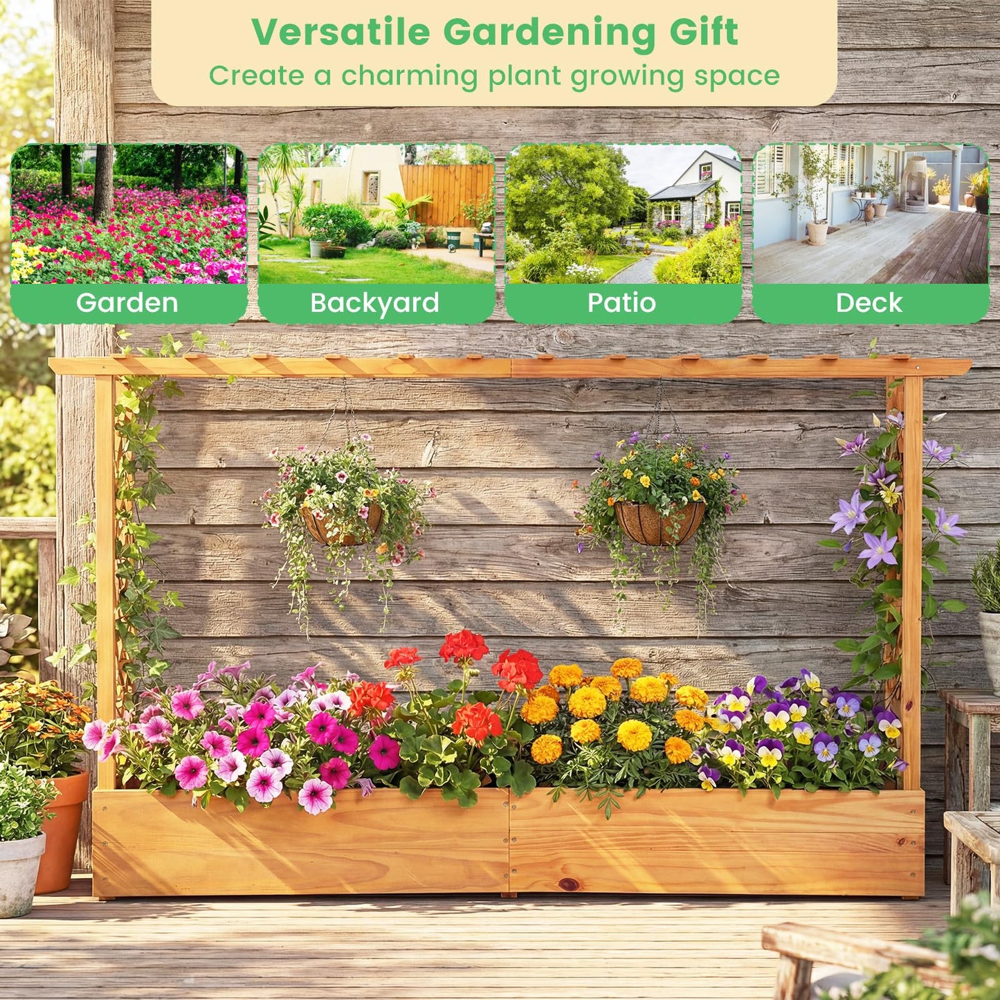 Giantex 2 Pcs Raised Garden Bed with Trellis & Hanging Roof, Wood Planter Box with Bottom & Drainage Holes, Freestanding Garden Planter for Flower Fruit Vegetable Herb Climbing Vine (77"x14.5"x45")