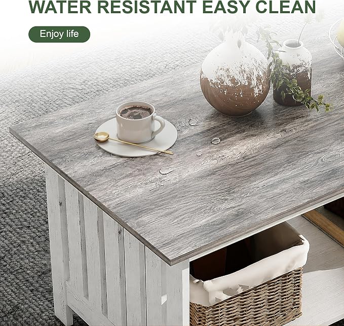 YOSHOOT 39.4" Farmhouse Coffee Table, Small Coffee Tables for Living Room | Grey, 2 Tier Coffee Table with Storage, Tea Table for Living Room Bedroom Small Space