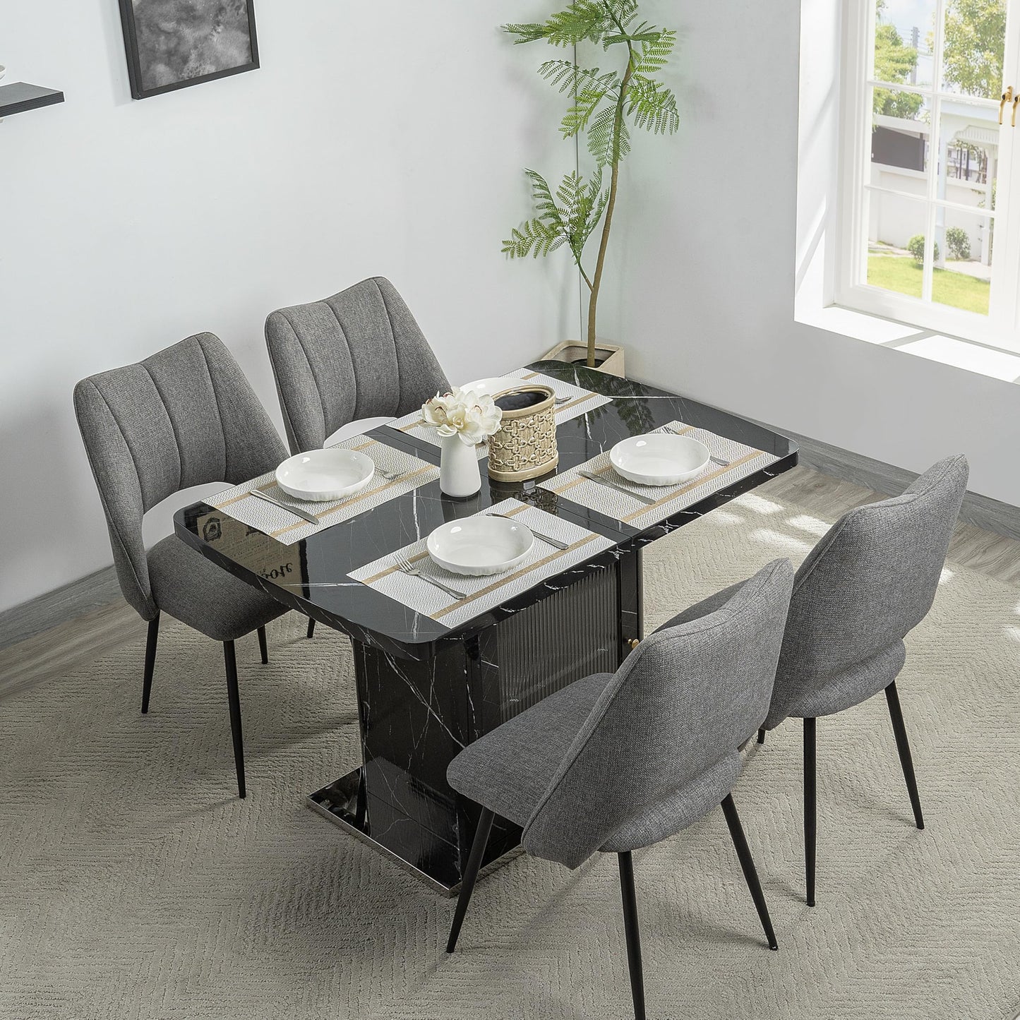 GDFStudio 47.24"-63" Farmhouse Extendable Dining Table for 4-6, Printed Marble Top Rectangle Dining Table with Storage Shelves & Glass Door Cabinet, Space Saving Kitchen and Dining Room Table, Black