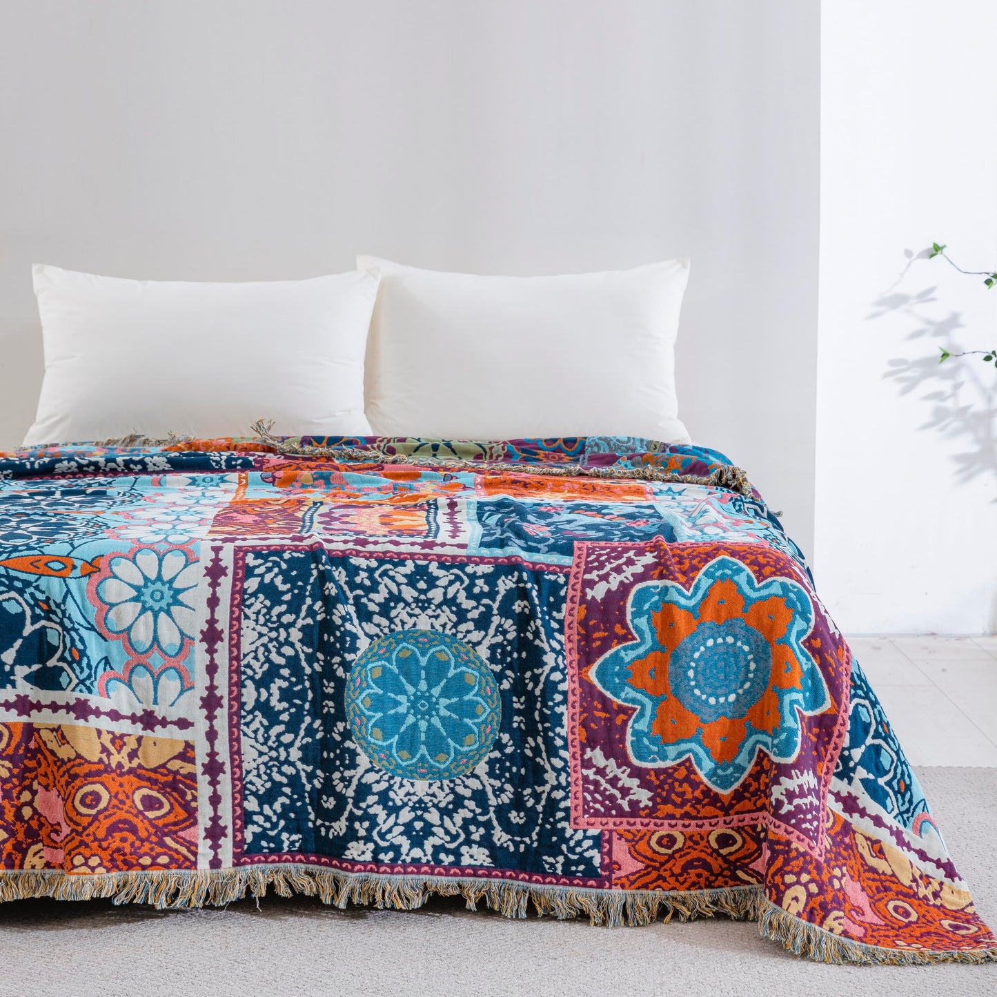 BRYALIX 100% Cotton Muslin Floral Bed Throw Blanket, Lightweight Muslin Quilt, Boho Farmhouse with Fringe, Blue Orange Pink Patchwork, Reversible Jacquard Blanket for Home, Picnic, Travel, 90"x98"
