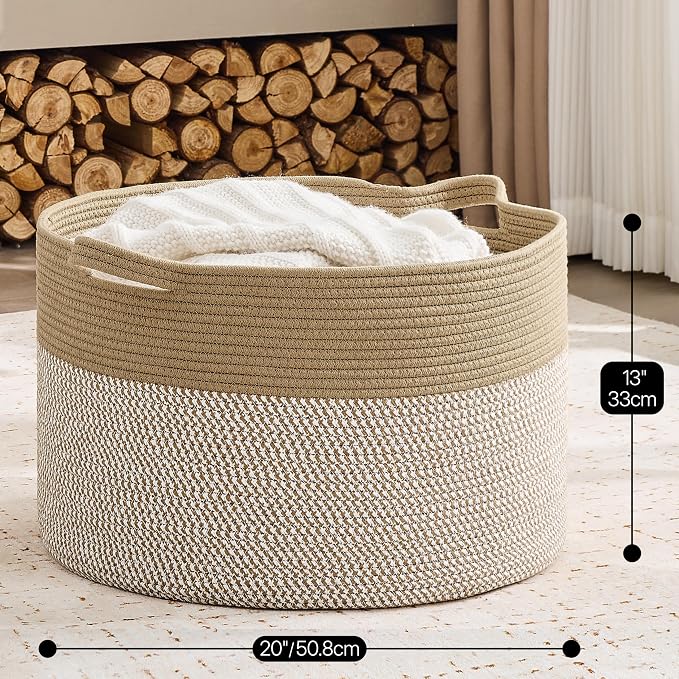 KAKAMAY Cotton Rope Storage Basket (20"x13"),Woven Hamper for Blankets,Toys,Pillows,Clothes,Laundry,Sturdy Handles Decorative Basket for Living Room, Bedroom,Nursery(Brown/White)
