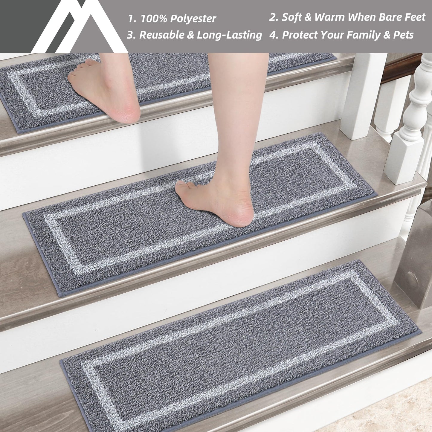 COSY HOMEER Soft Stair Treads Non-Slip Carpet Mat 28inX9in Indoor Stair Runners for Wooden Steps, Stair Rugs for Kids and Dogs, 100% Polyester TPE Backing 10pcs,Grey