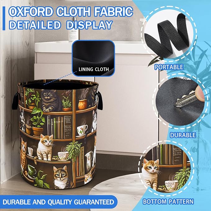 Cute Cat Laundry Basket Bookshelf Animal Oxford Cloth Laundry Hamper Funny With Handle Foldable Portable Clothes Storage Basket 18.9 X 16.5 In Storage Bag For Laundry Room/Bathroom/Bedroom/Dormitories