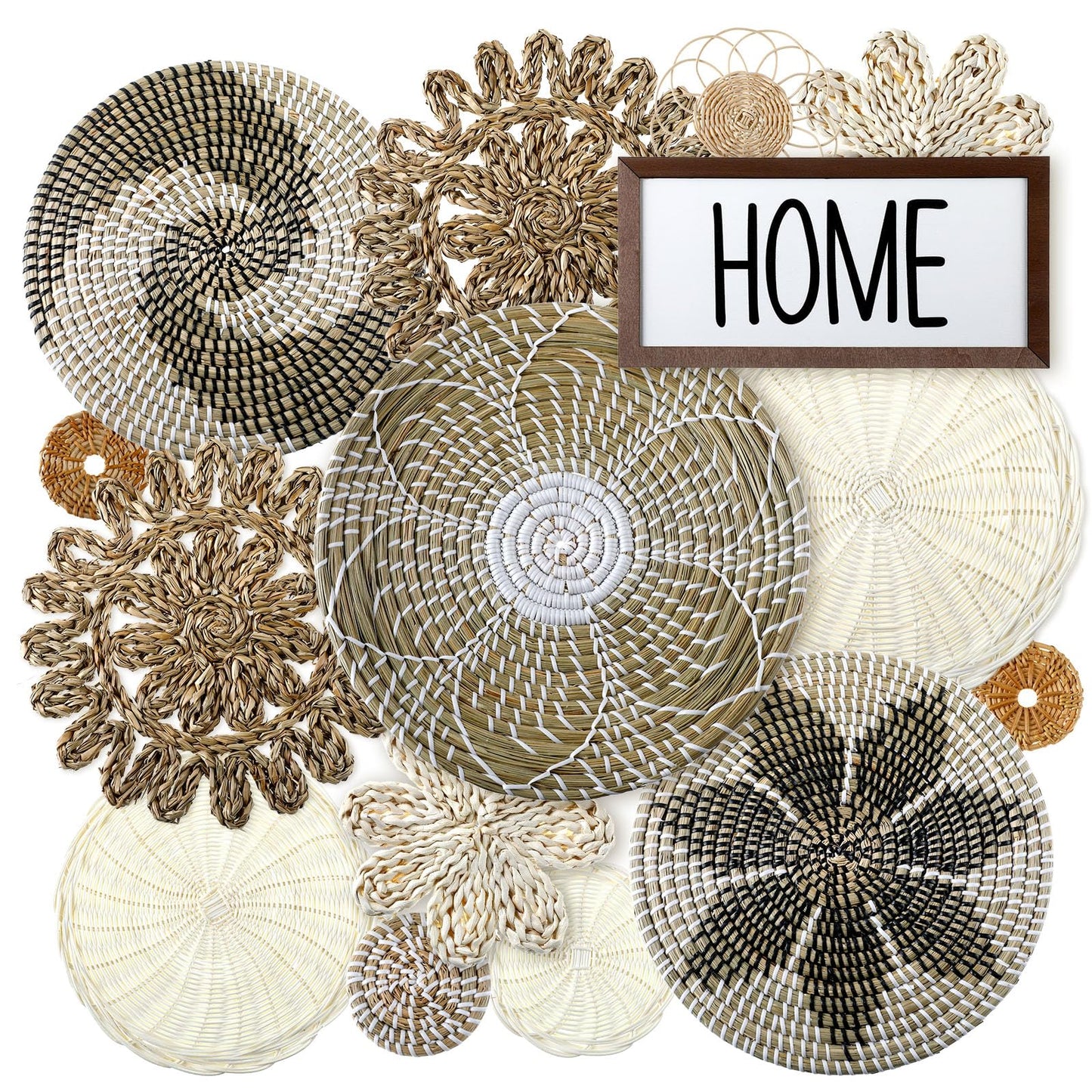 Xuhal 15 Pcs Boho Wall Basket Decor Handcrafted Seagrass Woven Wall Basket Rustic Round Woven Hanging Art for Home Farmhouse Kitchen Table Living Room(Elegant Style)