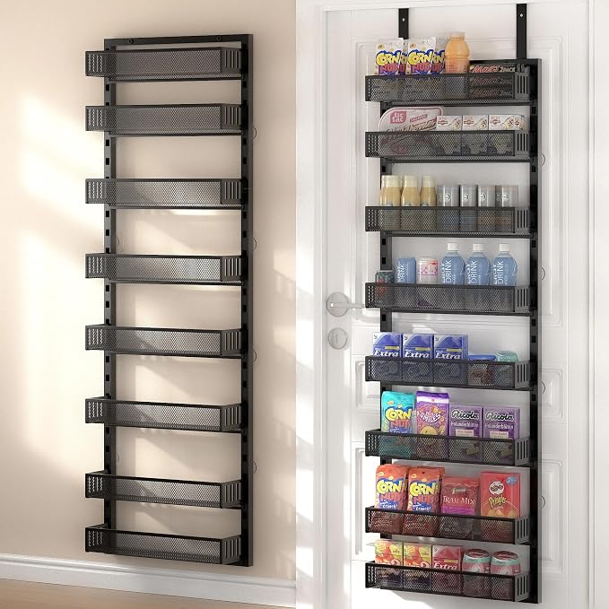 Over the Door Pantry Organizer, 8-Tier Over the Door Spice Rack with Adjustable Baskets, Wall-Mounted or Hanging Shelves for Kitchen, Laundry Room, Bathroom(Black, 16.3"W x 5.2"D x 72.6"H)