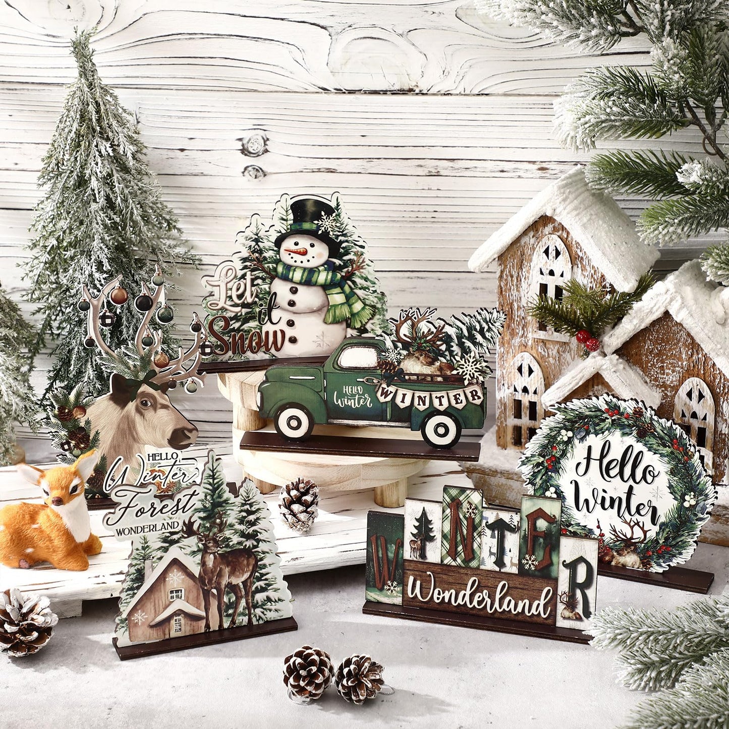 Yuntau 6 Pcs Winter Wonderland Wooden Table Decorations Christmas Wood Tabletop Sign Centerpiece Rustic Decorations for Office Farmhouse Home Decor