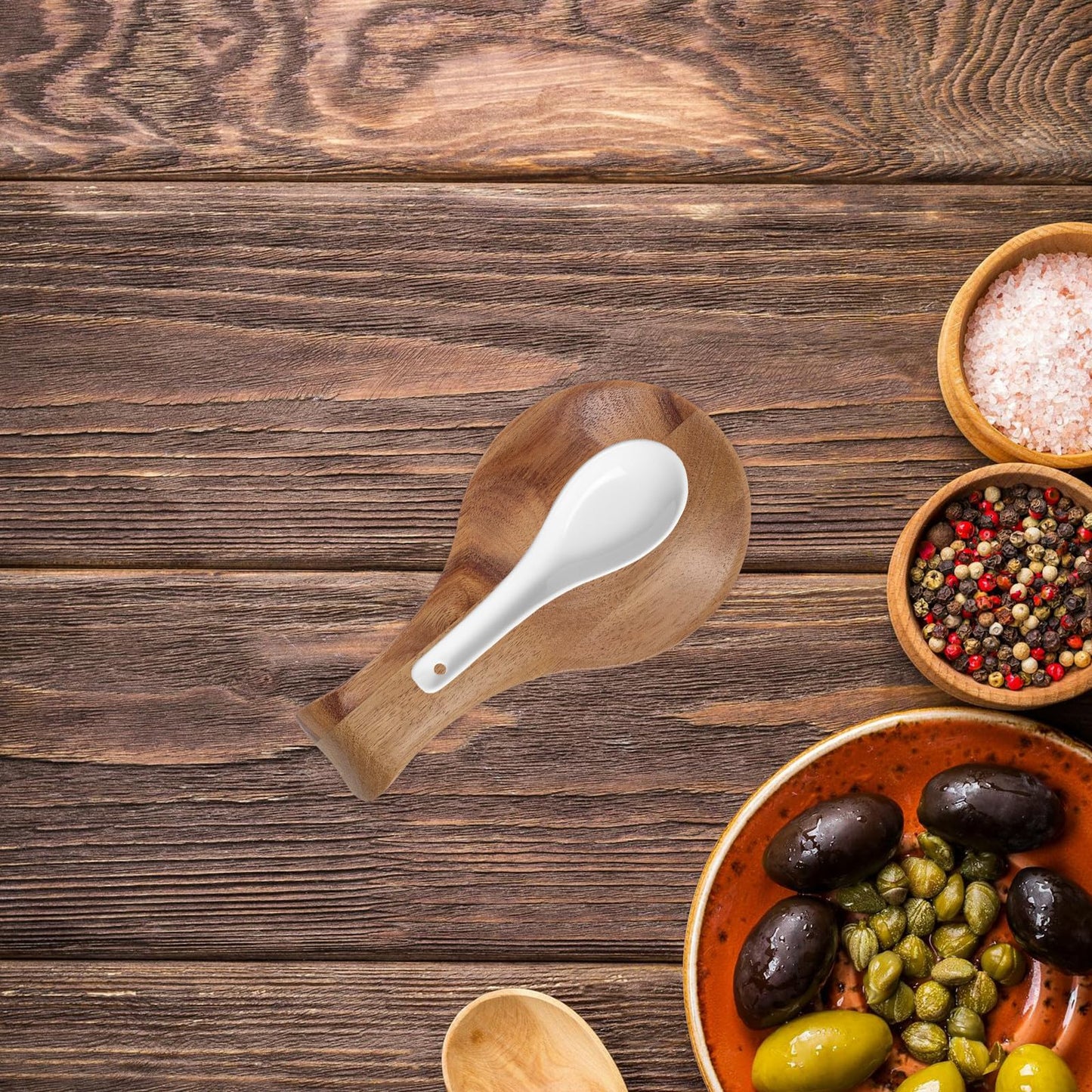 BIUDECO Wooden Spoon Rest for Kitchen Counter, Small Acacia Wood Utensil Holder with 17x9x2cm Size, Decorative Spoon and Spatula Rest for Stove Top and Dining Table Use