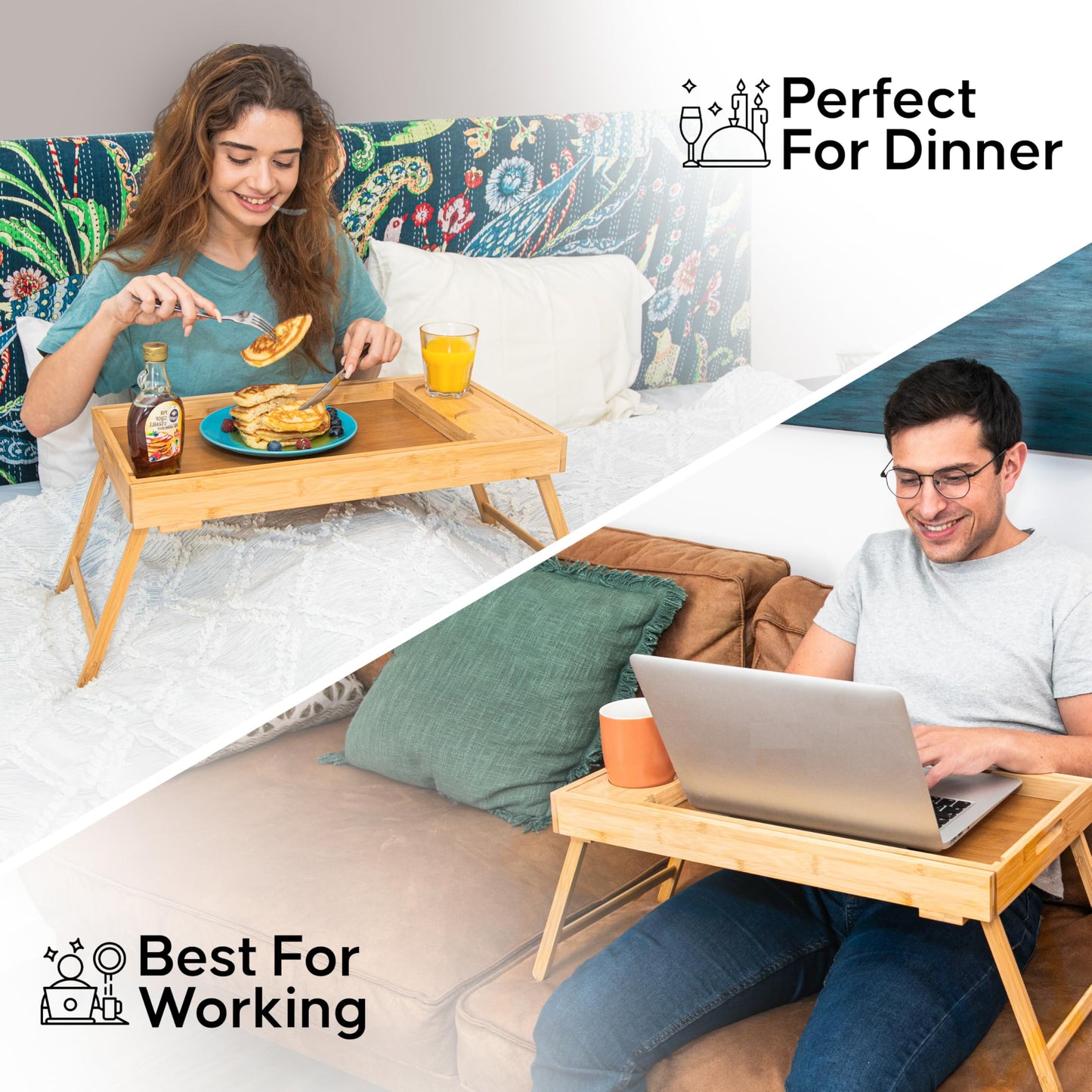 Shaka4Tommy Breakfast Bed Table Tray for Two - One Piece, Dual Use Couple Bed Tray with Cup recesses - Food Trays for Eating on Couch, Space Saving Breakfast Table - Gift Ready - Acacia Wood