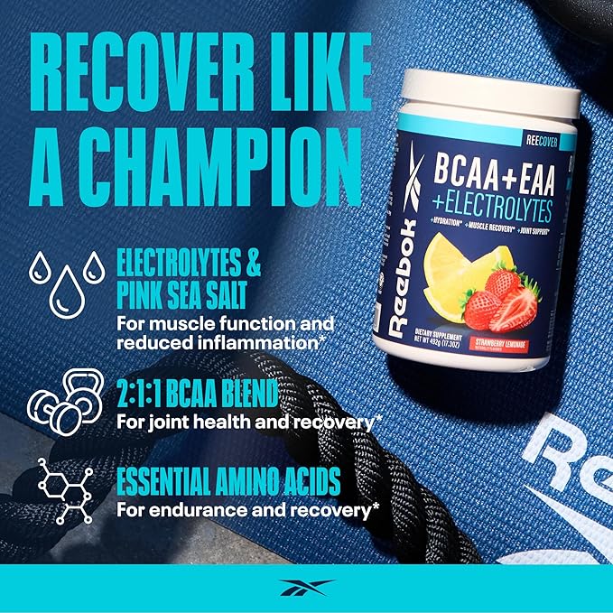 Reebok REECover Amino Acids + Electrolytes | 8g EAAs, 5g BCAAs, Hydration Matrix | Muscle Recovery, Strength | Post-Workout Support | 30 Servings | Strawberry Lemonade