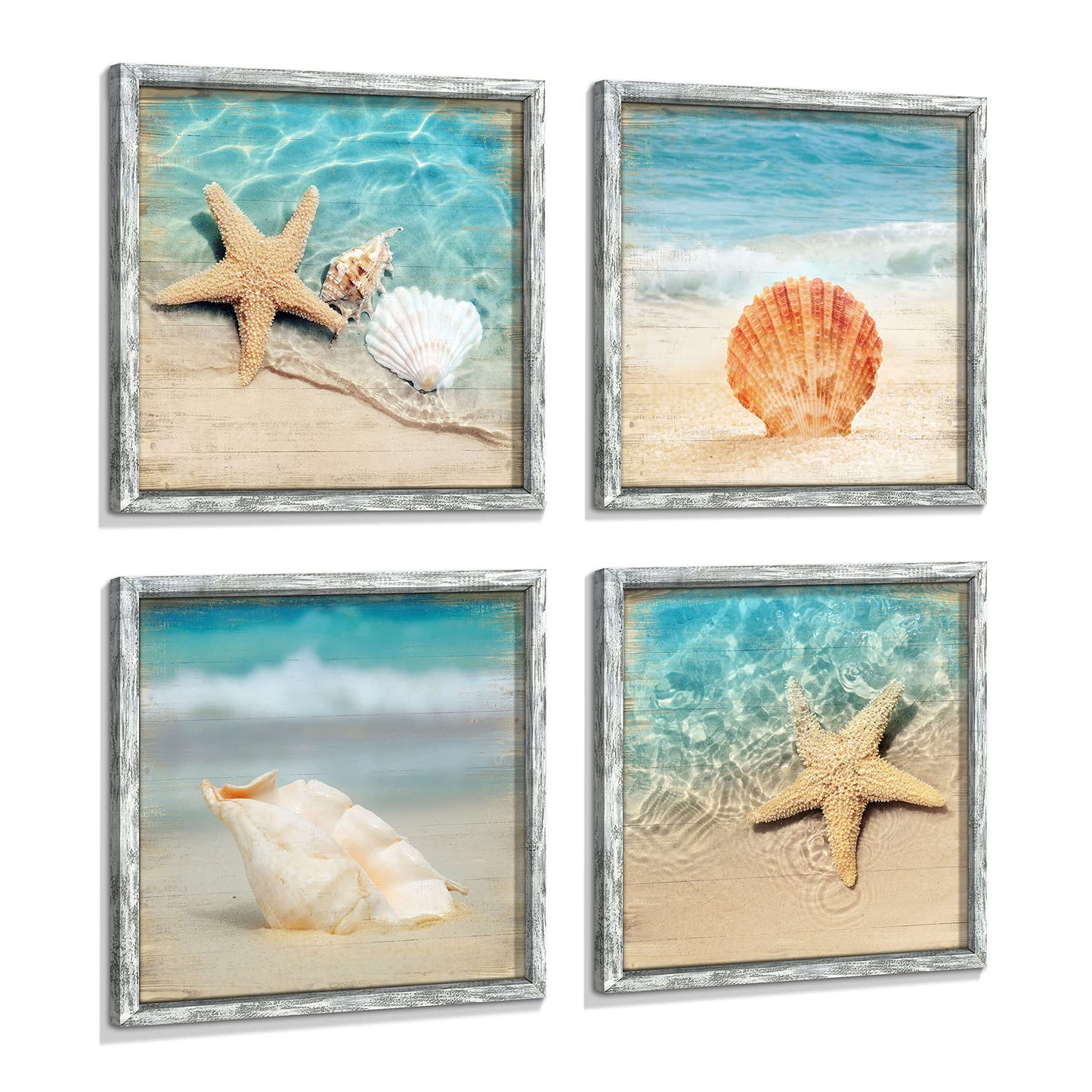 Ocean Pictures Framed Wall Art: Beach Artwork Set of 4 Seashell & Starfish Pictures Prints on Wood Seascape Wall Decor for Living Room