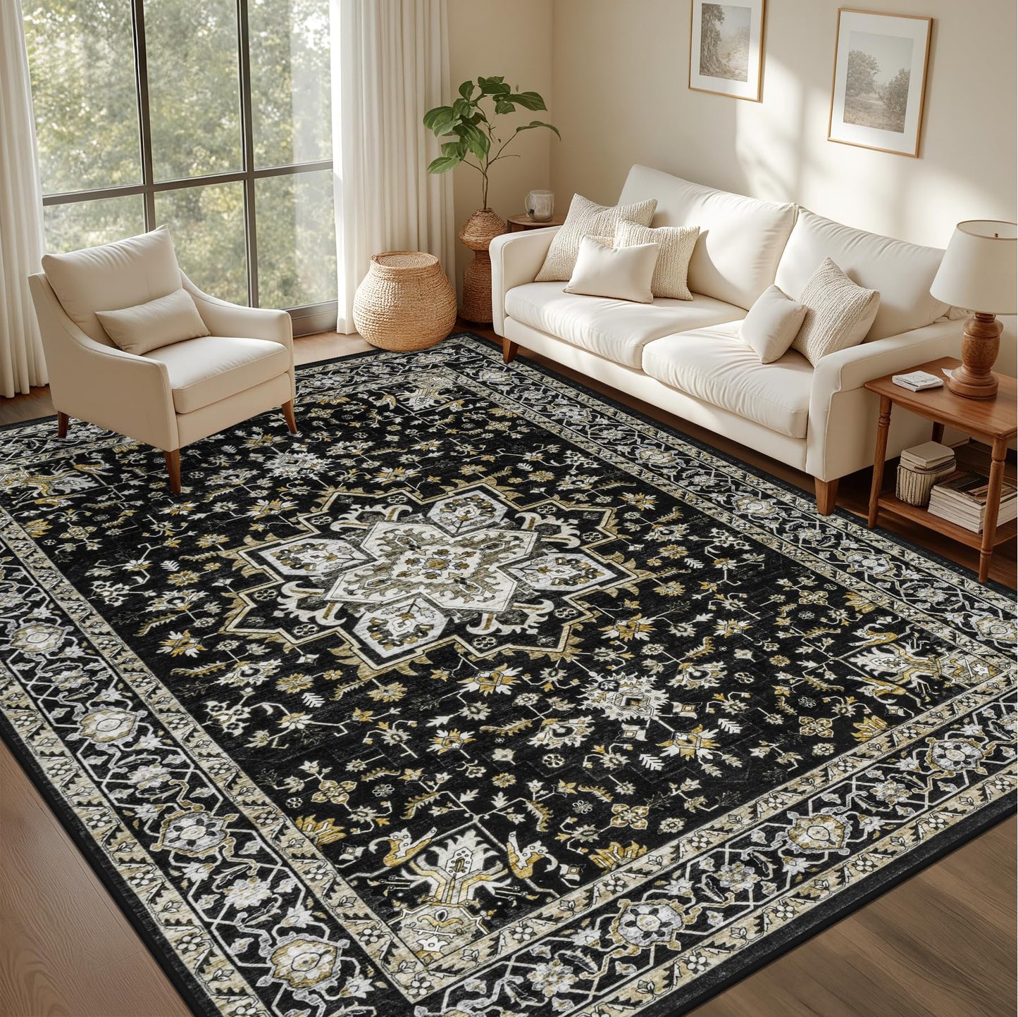 3x5 Area Rugs Living Room Rug: Washable Vintage Boho Medallion Rug No Slip Stain Resistant Soft Carpet Indoor Large Carpets for Bedroom Dining Room Farmhouse Nursery Hallway Home Office Black Gold