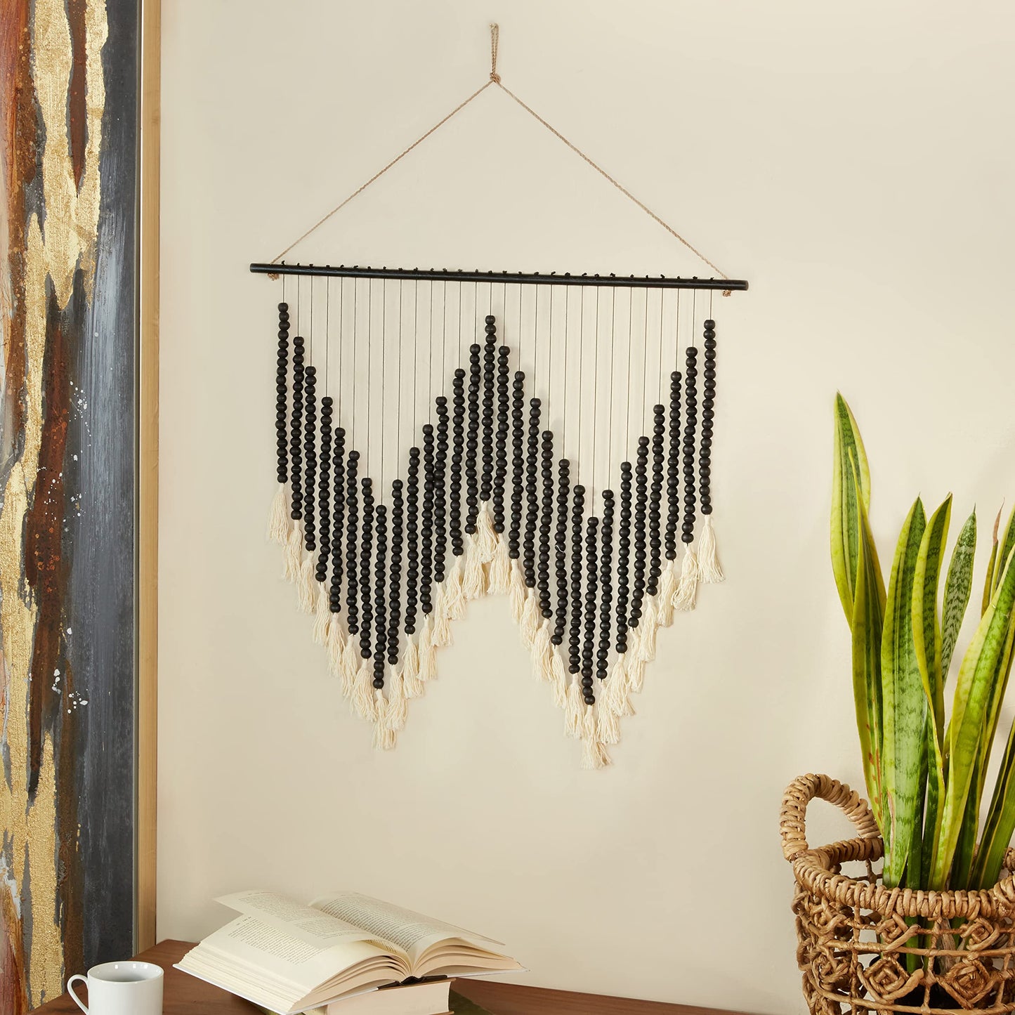 Deco 79 Wood Macrame Home Wall Decor Beaded Wall Sculpture with Fringe Tassels, Wall Art 26" x 1" x 35", Black