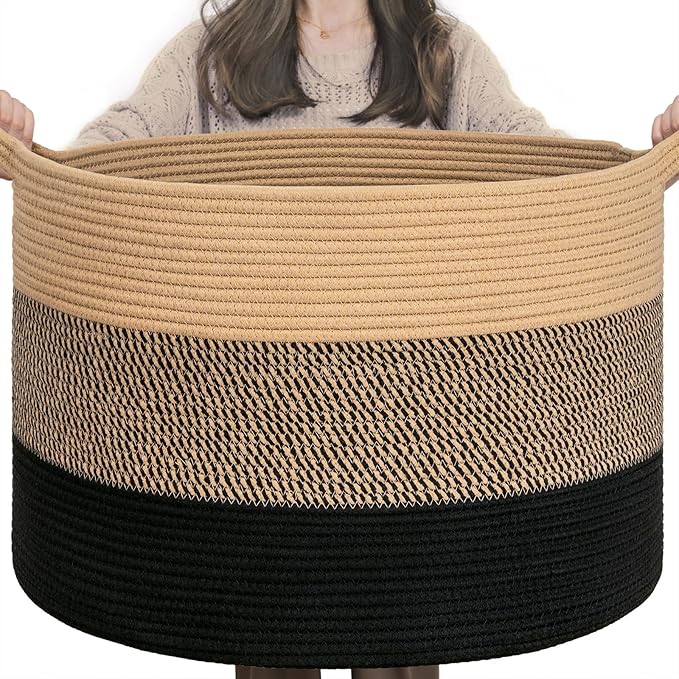 INDRESSME XXXLarge Cotton Rope Basket 21.7" x 21.7" x 13.8" Woven Baby laundry Blanket Basket for Living Room Decor, Toy Storage Baskets for Kids Boys Girls, Camel Mix & Black