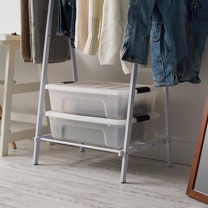 IRIS USA Clothes Rack for Hanging Clothes with Shelf, Freestanding Clothing Rack, Easy to Assemble Garment Rack, Metal, Sturdy Design, Multipurpose, Small Space Storage Solution, White