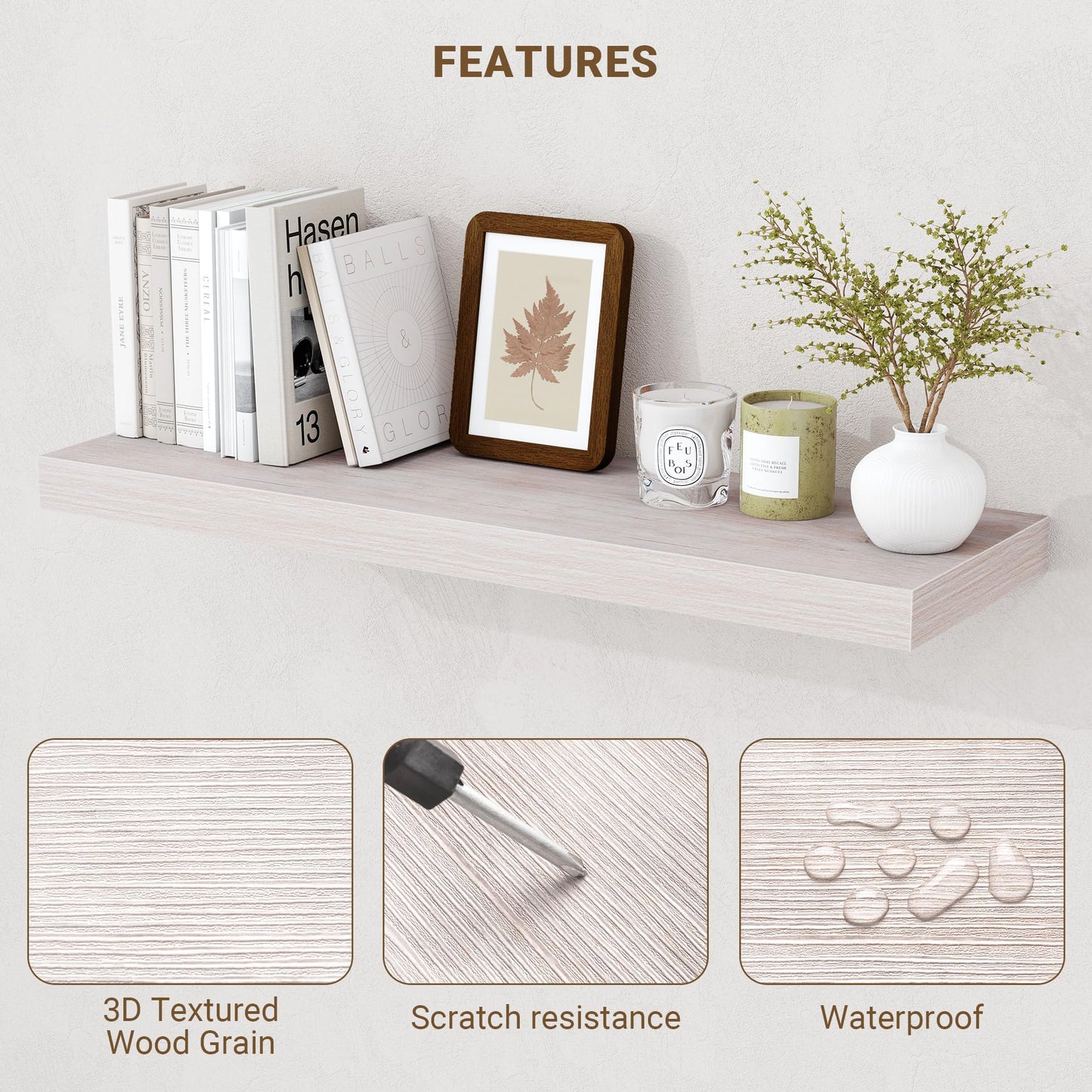 Acovy 24 Inch Floating Shelves, 3D Textured Wood Grain, 24"x9.25"x1.5" Inch Deep Floating Shelves for Wall, Wooden Shelves for Bathroom, Bedroom, Living Room, Washed White, 2 Pieces